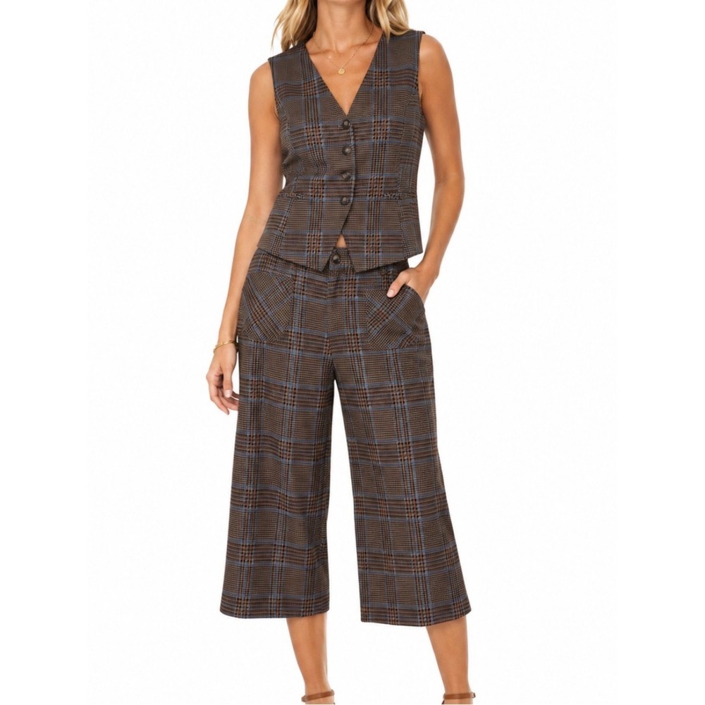 LC Lauren Conrad Brown Blue Plaid Wide-Leg Cropped Pants Sz XL 12 women's 2 SET
